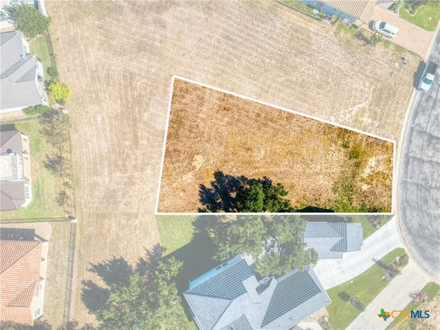 an aerial view of residential houses with outdoor space and trees