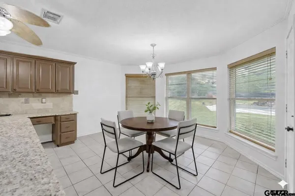 a view of a dining room with furniture window and outside view