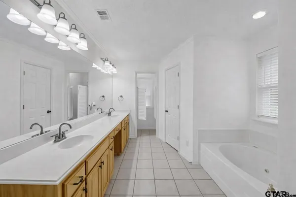a bathroom with a tub a sink double vanity and a mirror