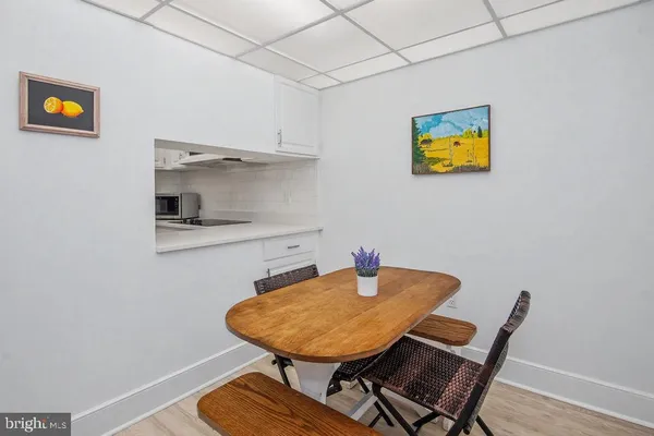 a view of a dining room with furniture