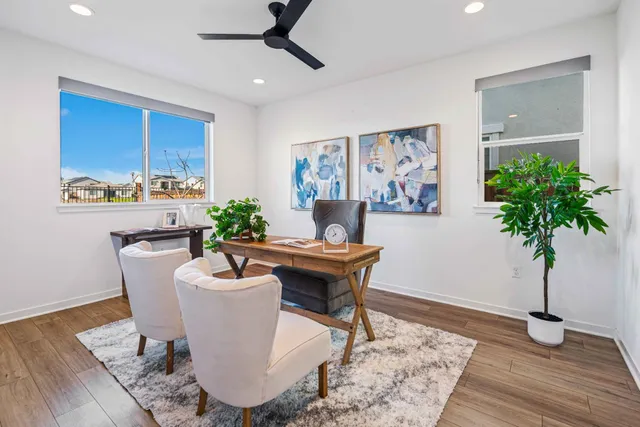 a living room with furniture and a potted plant
