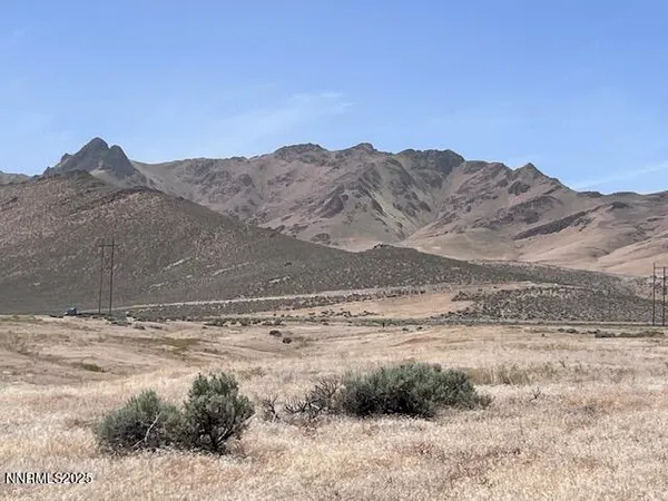a view of a dry field with mountains in the background