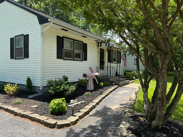 a backyard with potted plants and a large tree