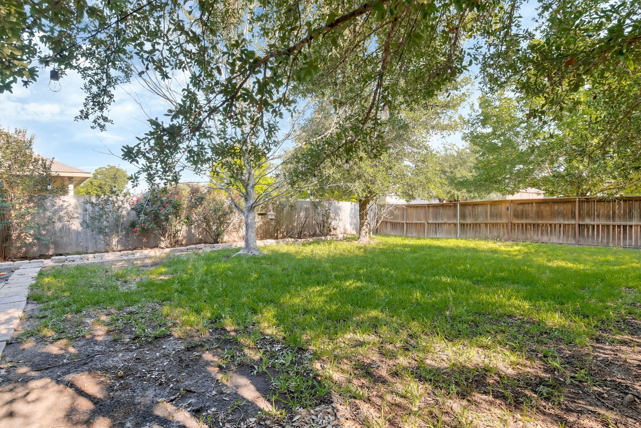 18420 Masi Loop Pflugerville, TX 78660 - Photo 31 of 33 Expansive backyard featuring a lush lawn, established trees, and a perimeter wood fence