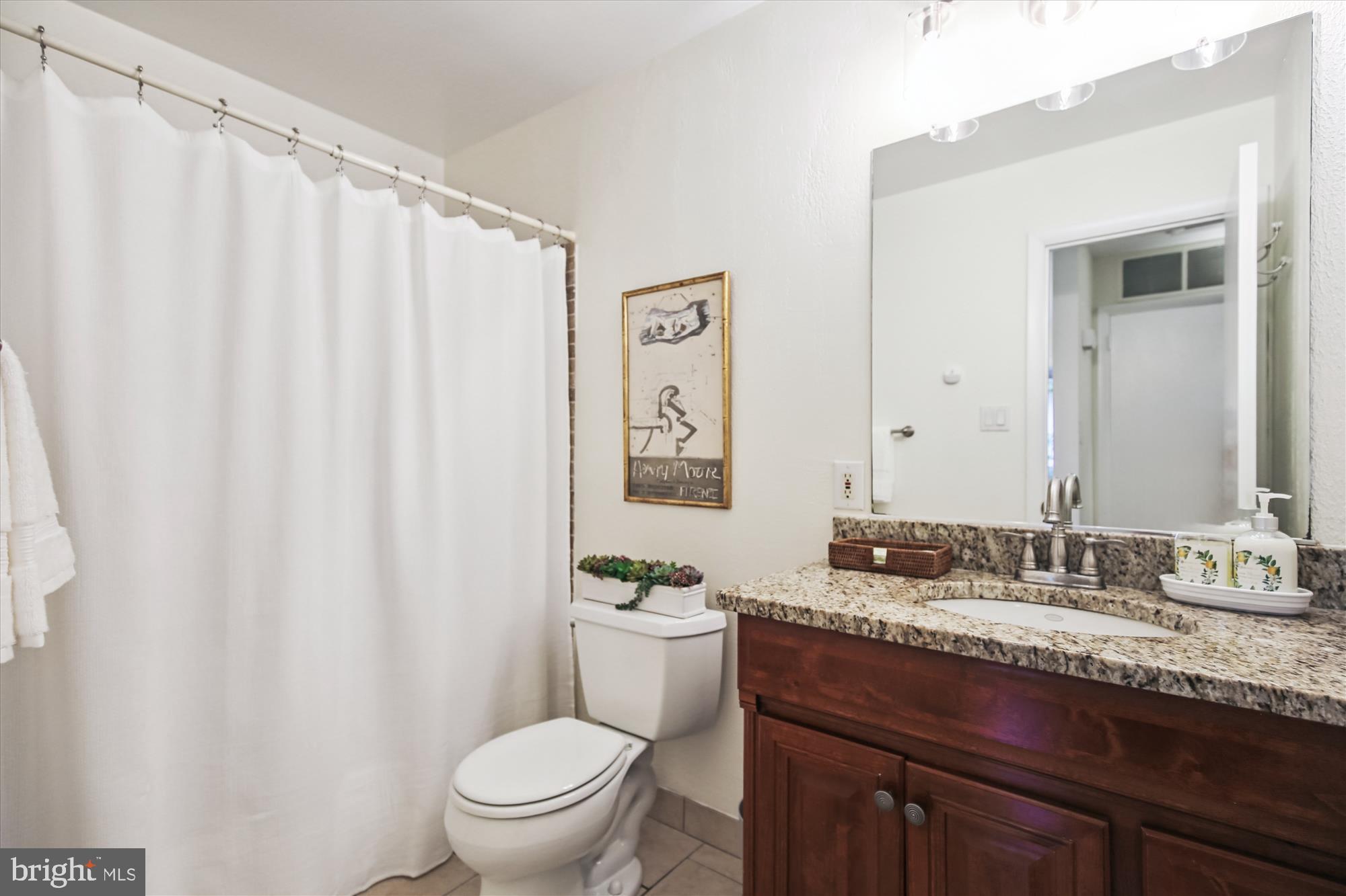 11221 South Shore Road Reston, VA 20190 - Photo 33 of 61 a bathroom with a granite countertop sink a toilet and a mirror