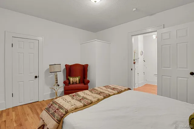 a bedroom with a bed and a closet