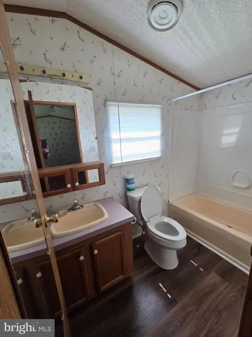 a bathroom with a sink a toilet a mirror and bathtub