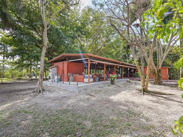 a view of a park with a palm trees