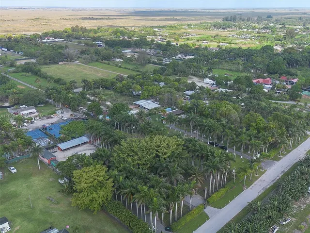an aerial view of a house with a yard and large trees