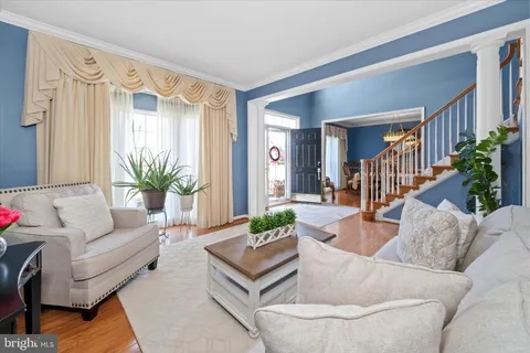 a living room with furniture potted plant and a wooden floor