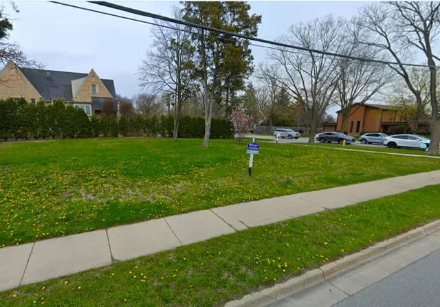 a view of a park with large trees