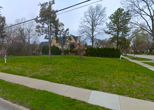 a view of a park with large trees