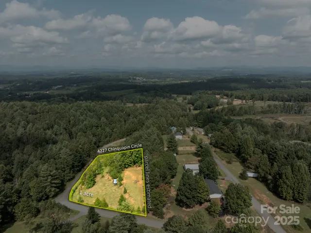 an aerial view of a residential houses with outdoor space and trees