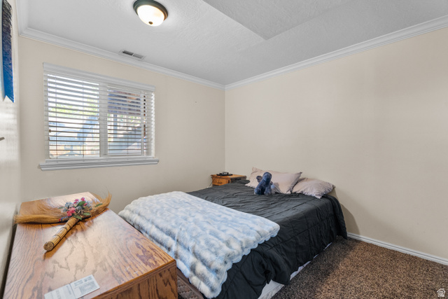 5727 South 3550th Street West Roy, UT 84067 - Photo 31 of 49 Carpeted room featuring a single window with blinds, cased opening, crown molding, and a flush-mount ceiling light