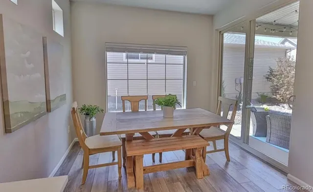 a view of a dining room with furniture window and wooden floor