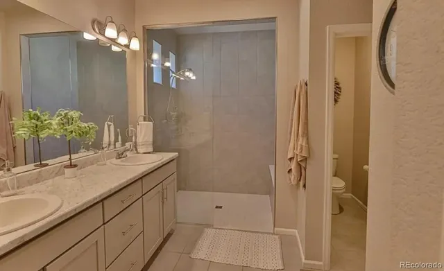 a bathroom with a granite countertop sink a shower and a mirror