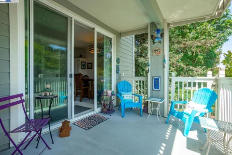 a balcony with furniture and a potted plant