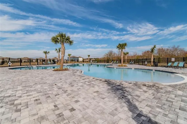 a view of a swimming pool with a yard