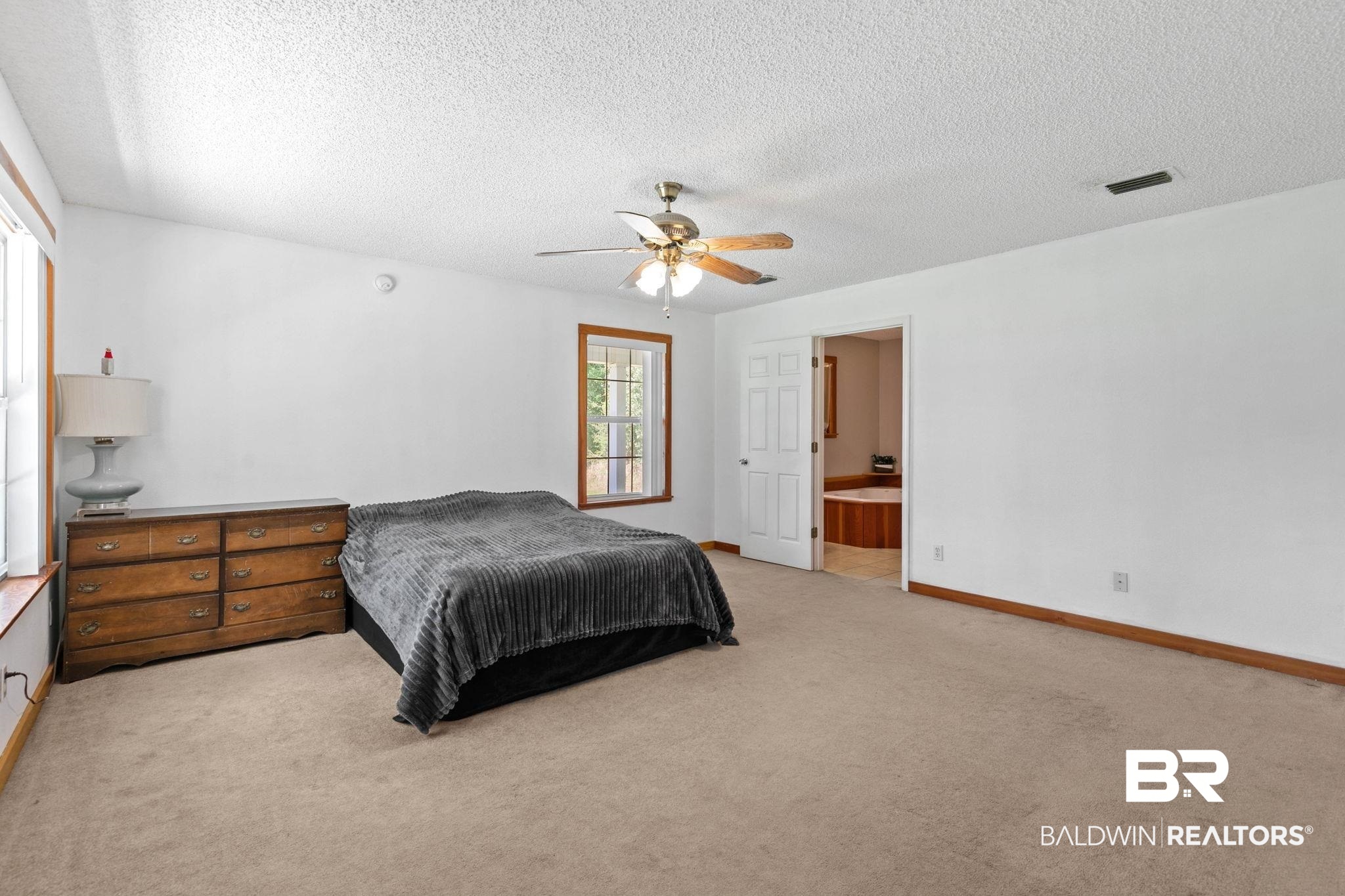 20219 Greek Cemetery Road Robertsdale, AL 36567 - Photo 23 of 41 Spacious room featuring carpeting, multiple windows with wood trim, a ceiling fan with light fixture, and a doorway leading to an additional space with a built-in tub