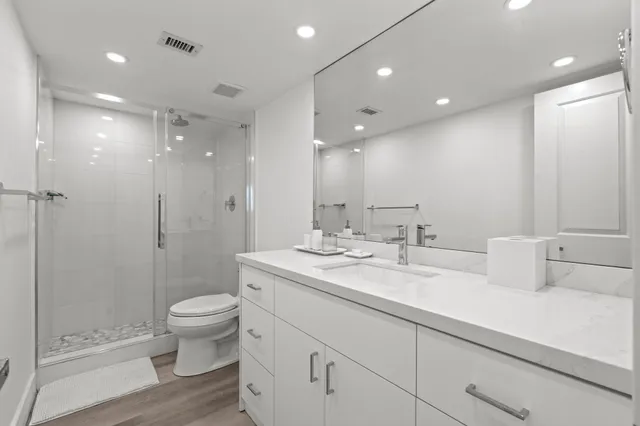 a bathroom with a granite countertop sink a toilet and shower
