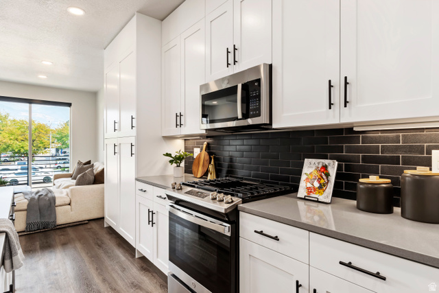 32 West 400 South Bountiful, UT 84010 - Photo 12 of 31 Kitchen featuring stainless steel appliances, white cabinetry, dark wood-style floors, recessed lighting, and light stone counters. Model Home