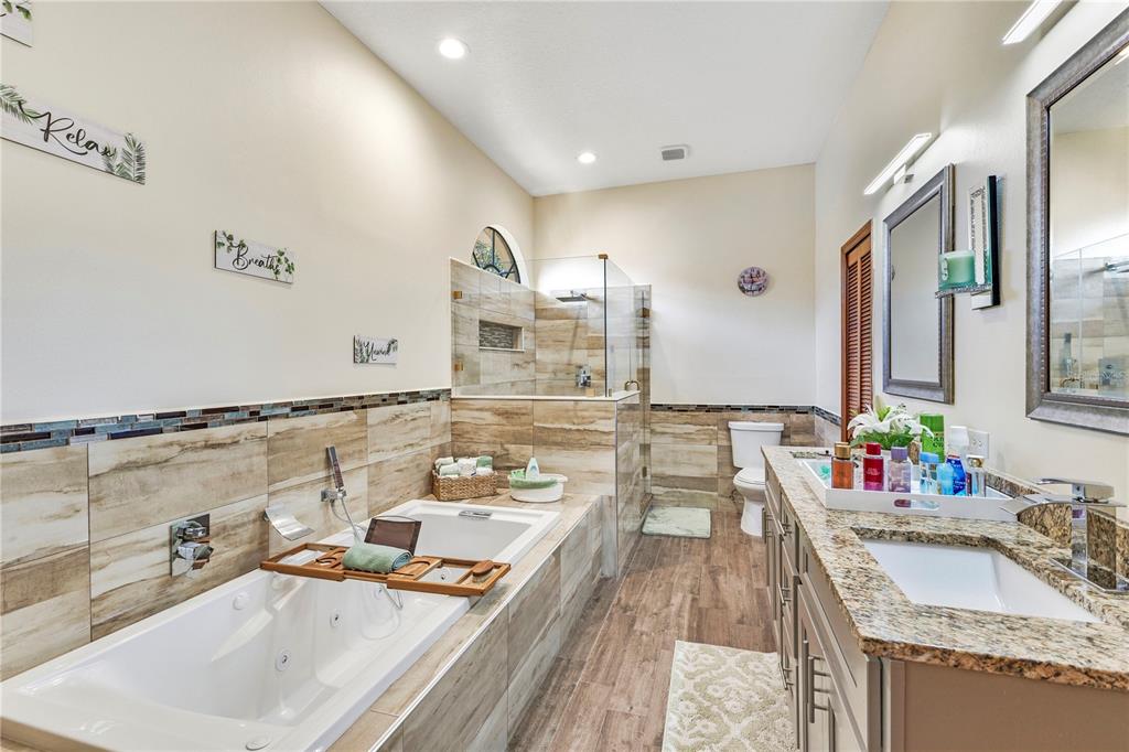 887 Adour Drive Kissimmee, FL 34759 - Photo 6 of 16 a bathroom with sink granite countertop tub and a large mirror