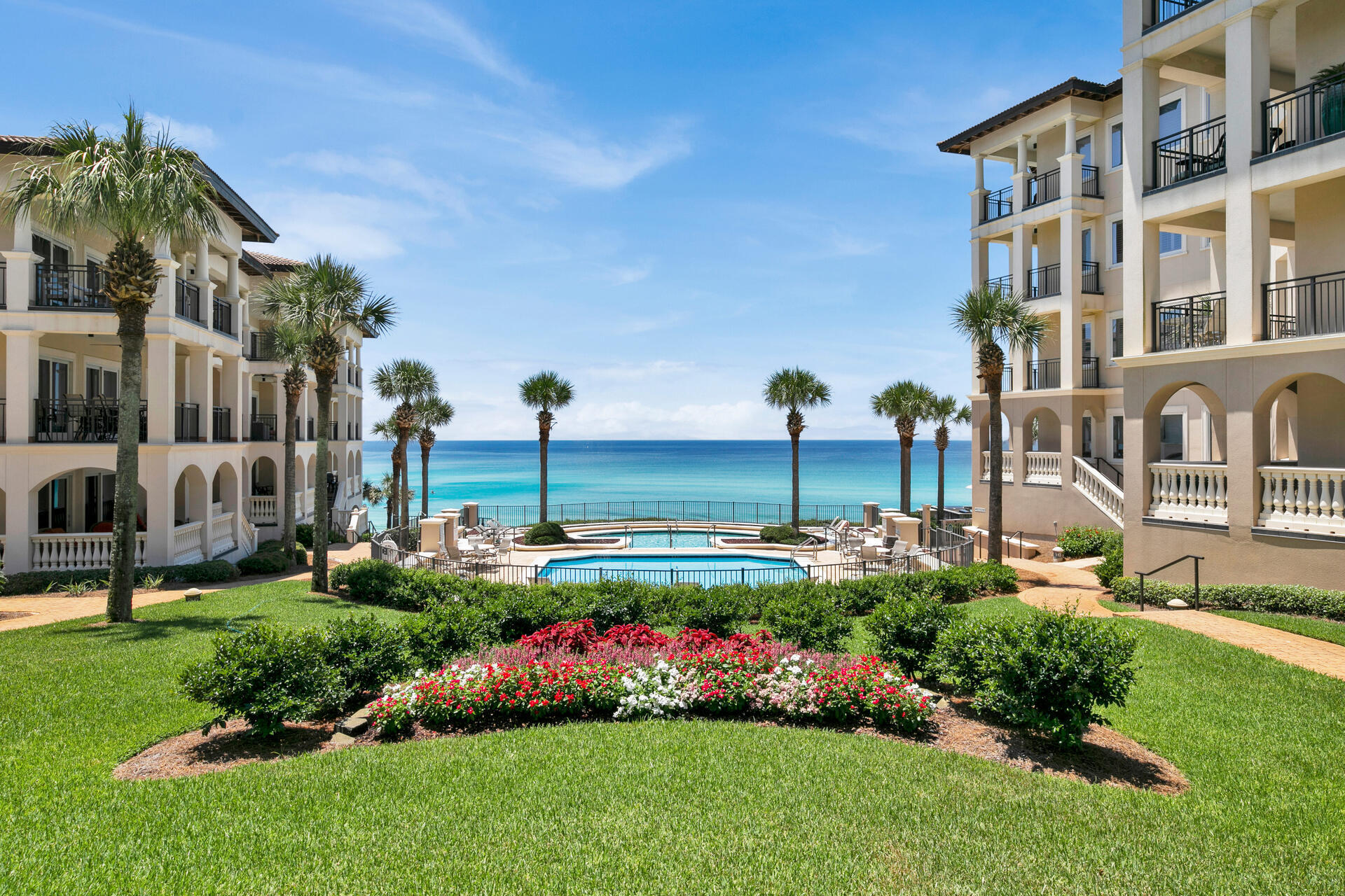 a view of a building with a garden