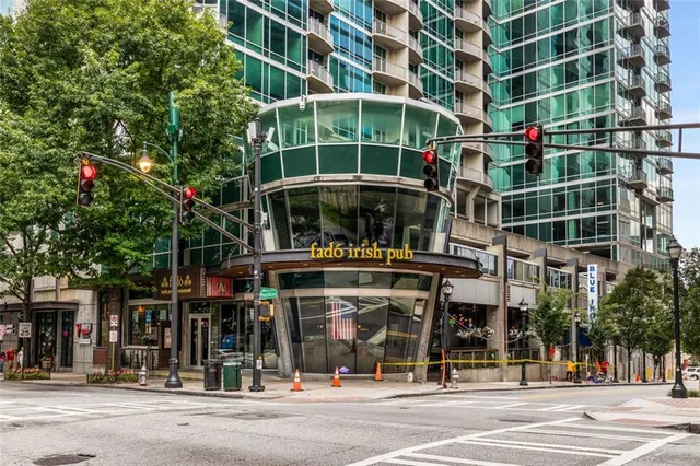 a view of a building and a people