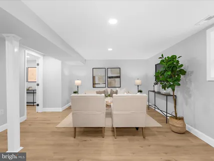 a living room with furniture and a potted plant