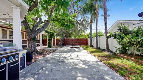 a view of a yard with plants and trees