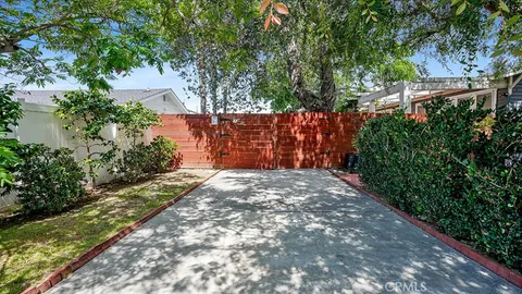 a view of a yard with plants and trees