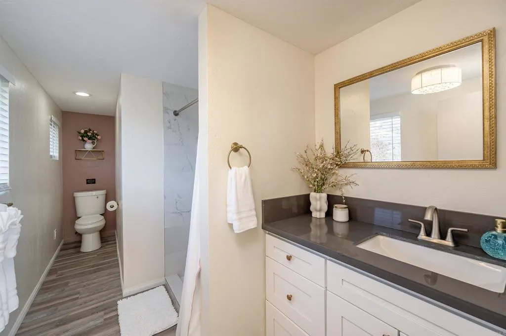 26086 Bear Valley Heights Road Valley Center, CA 92082 - Photo 19 of 65 a bathroom with a toilet a sink and mirror