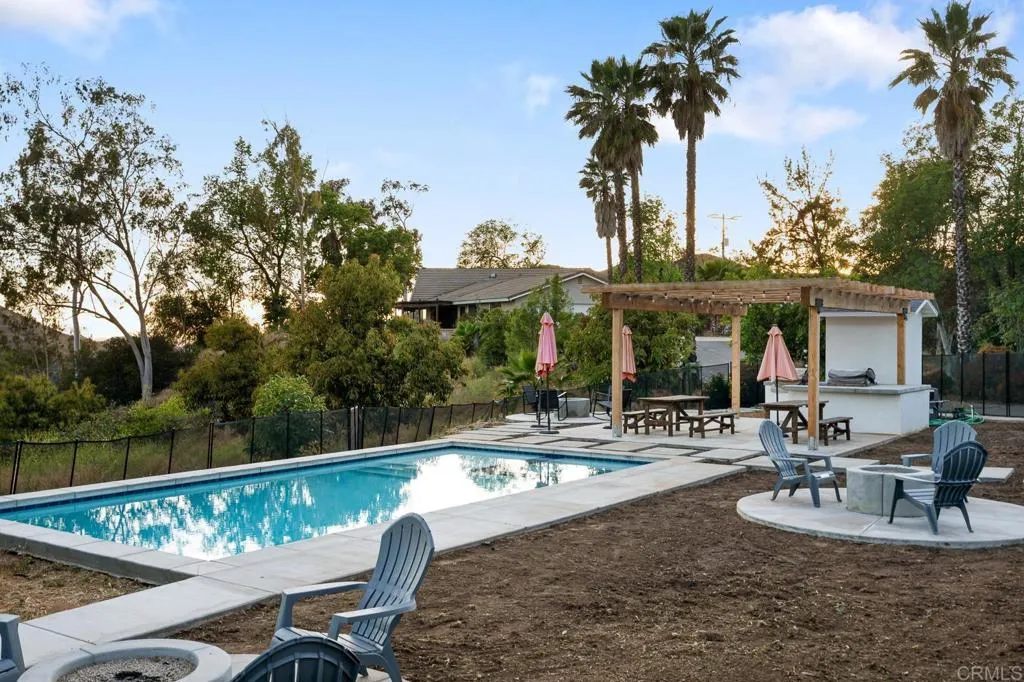 26086 Bear Valley Heights Road Valley Center, CA 92082 - Photo 5 of 65 a view of a patio with couches chairs under an umbrella with palm trees