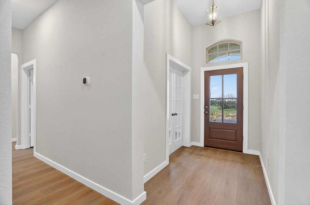 321 Skeen Peak Springtown, TX 76082 - Photo 4 of 37 Entryway featuring a dark wood door with glass panes, an arched transom window, and wood-finish flooring