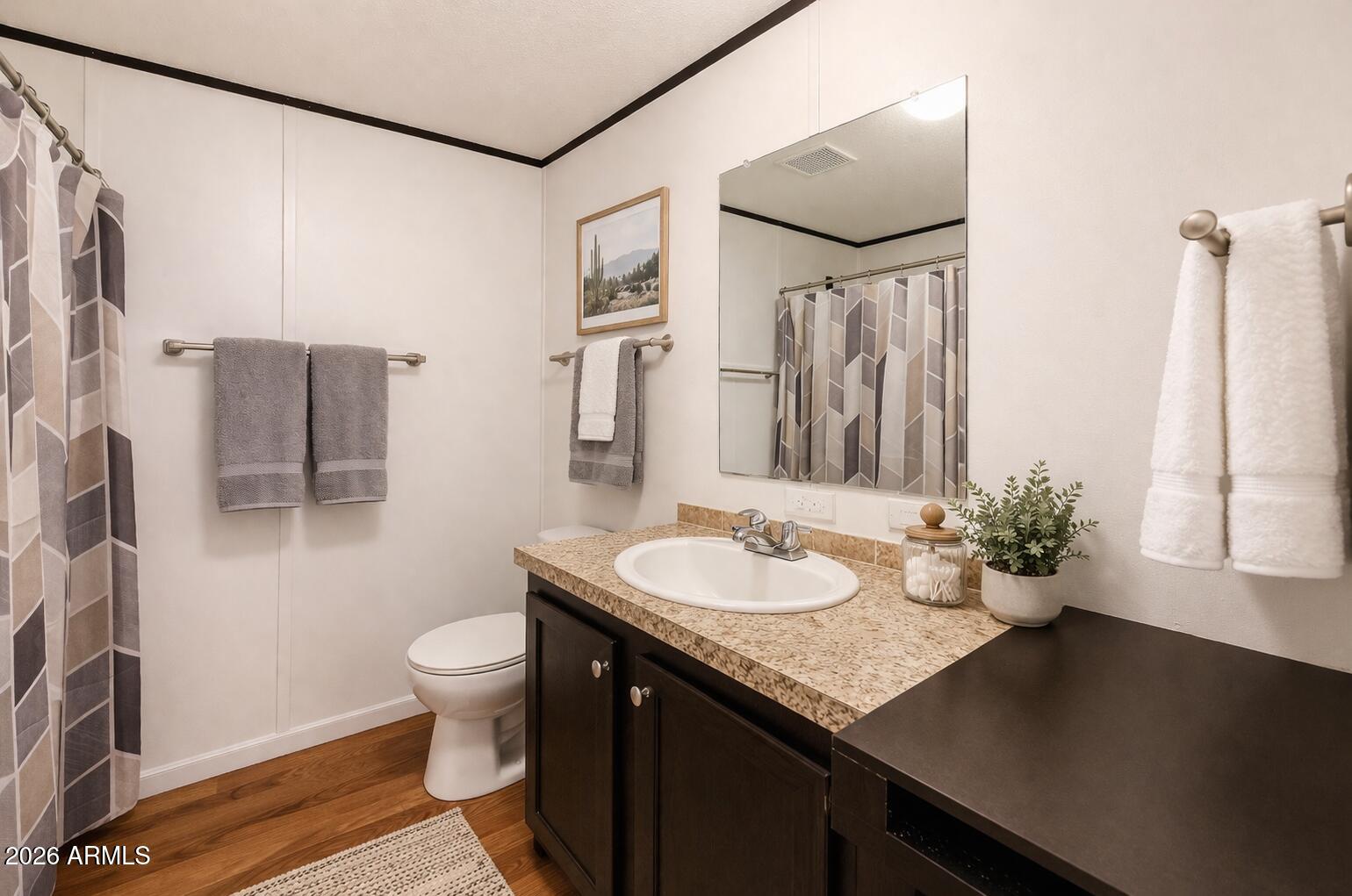 201 South Greenfield Road, Unit 254 Mesa, AZ 85206 - Photo 11 of 35 a bathroom with a granite countertop sink a toilet a mirror and shower curtain