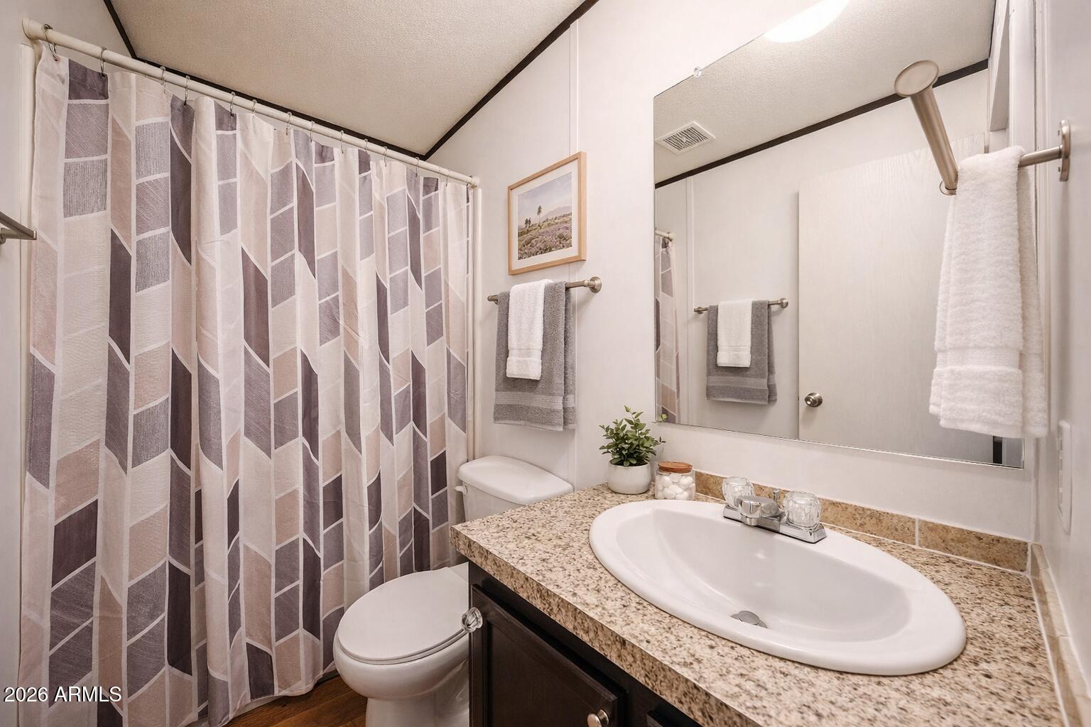 201 South Greenfield Road, Unit 254 Mesa, AZ 85206 - Photo 15 of 35 a bathroom with a granite countertop sink a toilet and a mirror