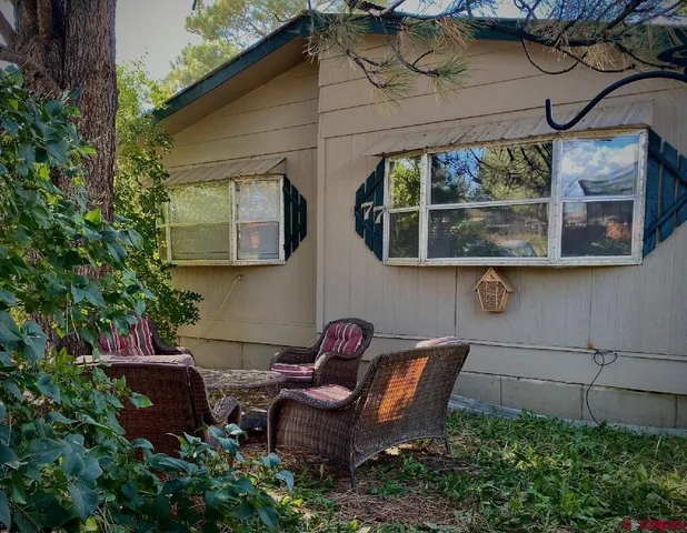 a view of backyard with outdoor seating and plants
