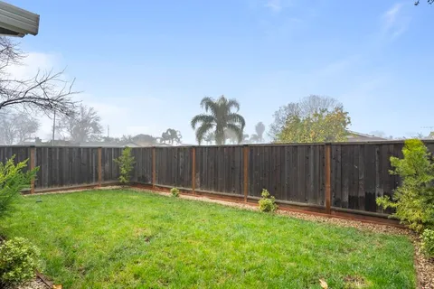 a backyard of a house with plants and wooden fence