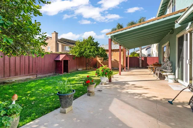 a view of a house with potted plants and a large tree