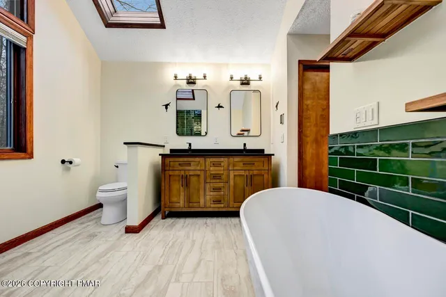 a bathroom with a sink a toilet and mirror