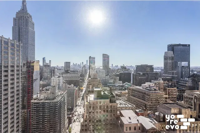 a city view with tall buildings