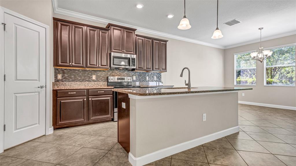 1695 Ludington Avenue Wesley Chapel, FL 33543 - Photo 15 of 65 a kitchen with kitchen island granite countertop a sink stainless steel appliances and cabinets