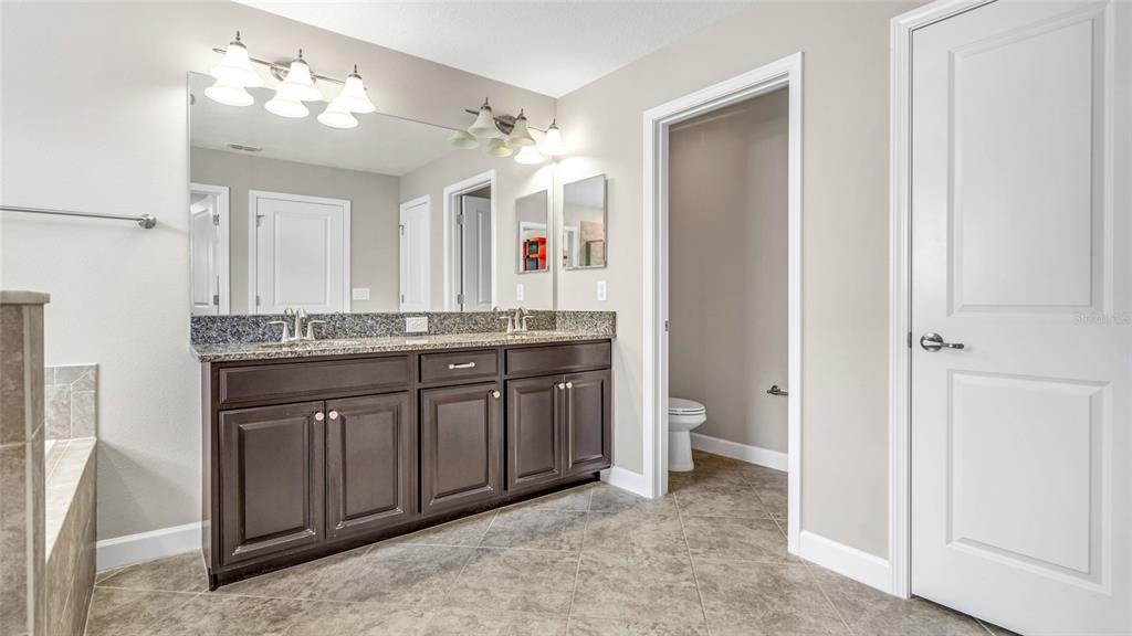 1695 Ludington Avenue Wesley Chapel, FL 33543 - Photo 27 of 65 a spacious bathroom with a granite countertop sink and a mirror