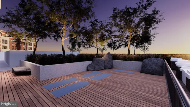 a view of a roof deck with couches and potted plants