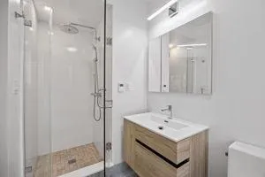 a bathroom with a sink a toilet and shower
