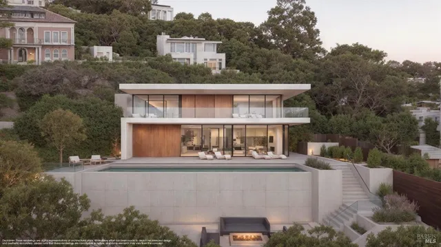 a front view of a house with a yard and lake view