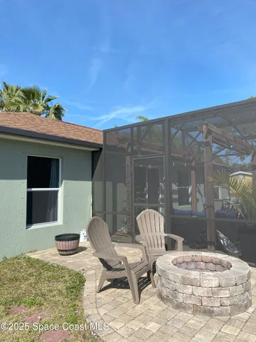 a view of a patio with a chair