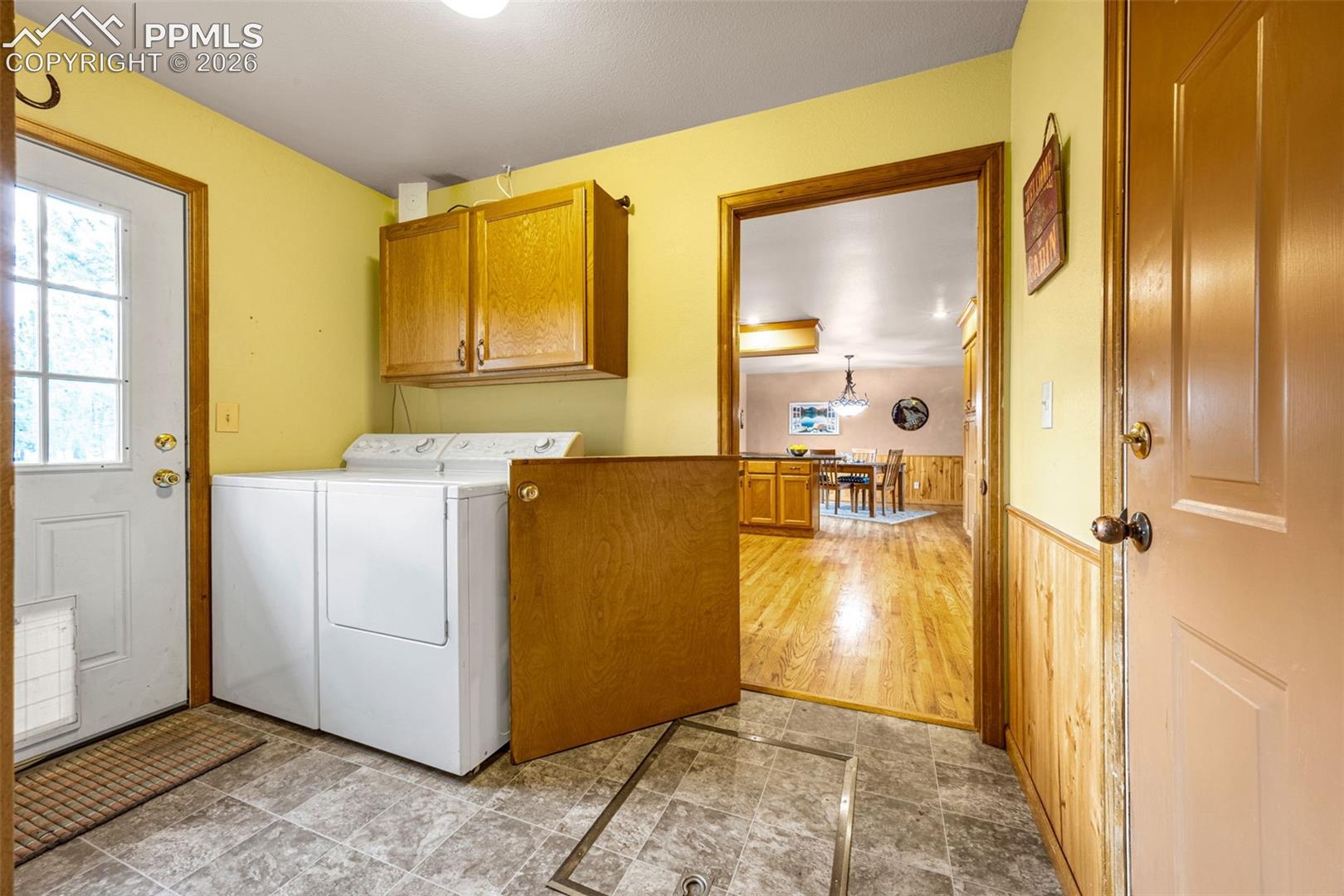 143 Ring Road Guffey, CO 80820 - Photo 23 of 36 Washroom with cabinet space, washer and clothes dryer, and wainscoting