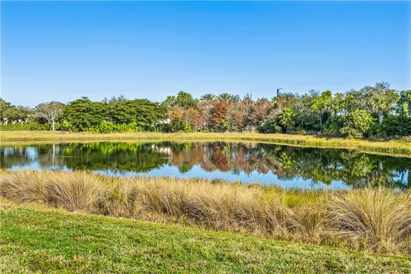 a view of a lake with a city