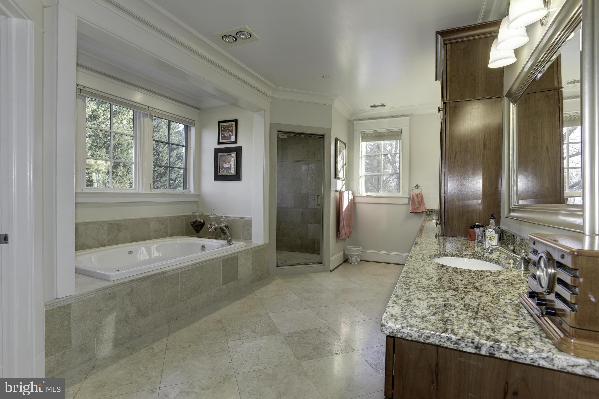 8007 Custer Road Bethesda, MD 20814 - Photo 13 of 25 a bathroom with a granite countertop tub sink and mirror